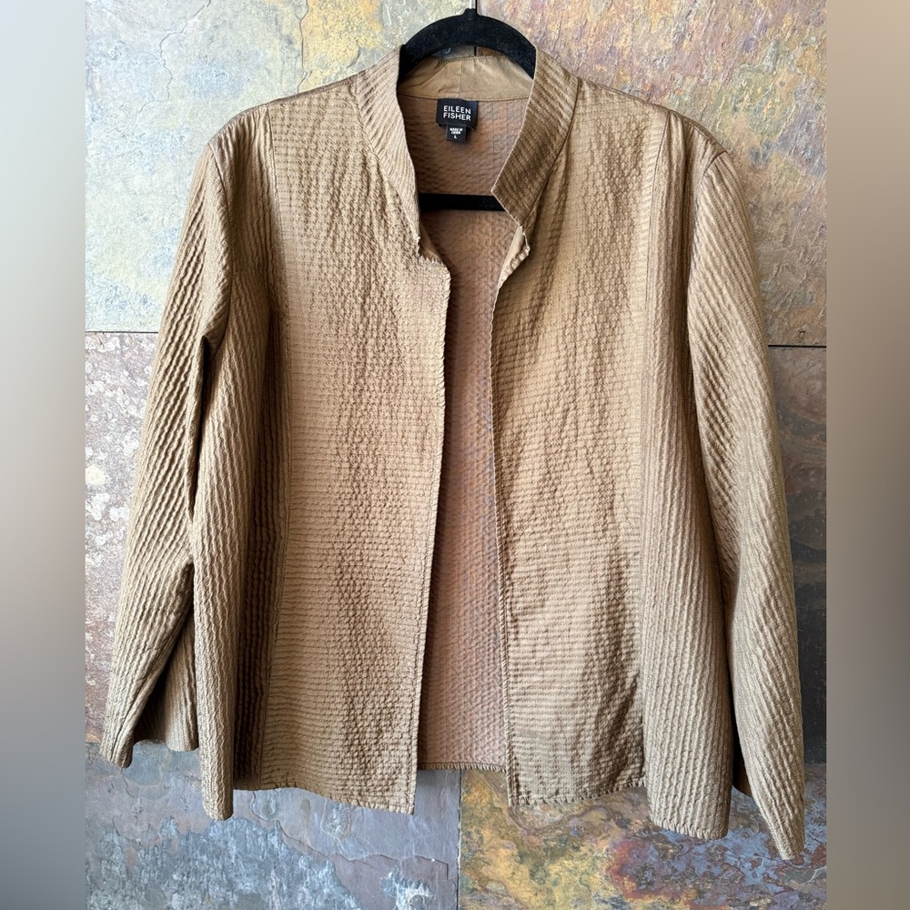 Eileen Fisher, like new, silk jacket brown olive shade, slight sheen L, pockets